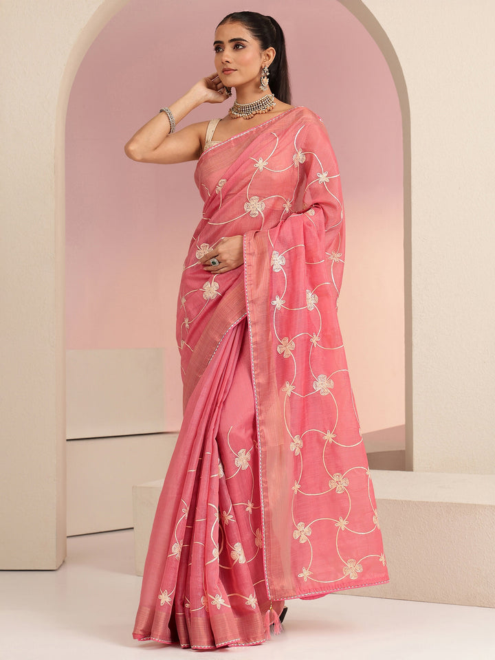 Libas Peach Floral Embroidered Tissue Saree