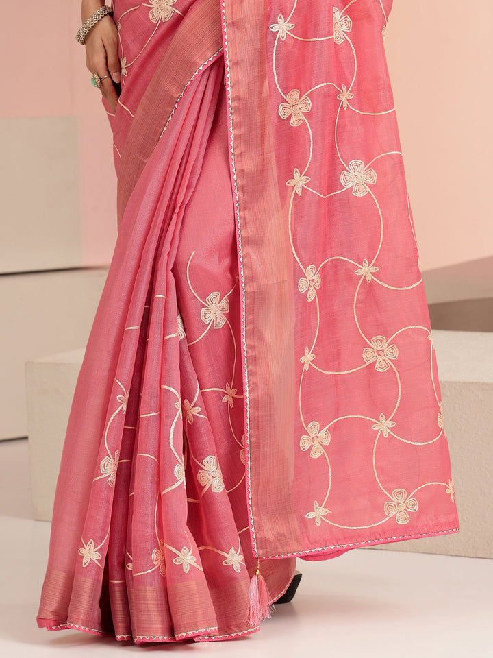 Libas Peach Floral Embroidered Tissue Saree