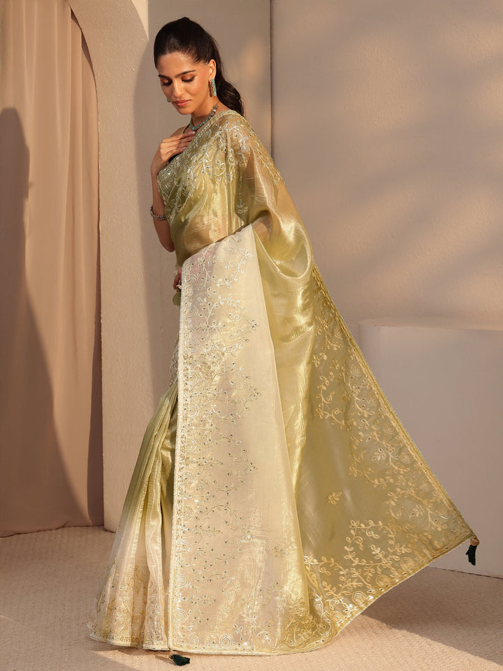 Libas Light Olive Green Floral Embellished Ombre Satin Saree