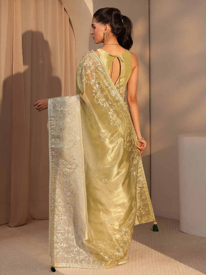 Libas Light Olive Green Floral Embellished Ombre Satin Saree