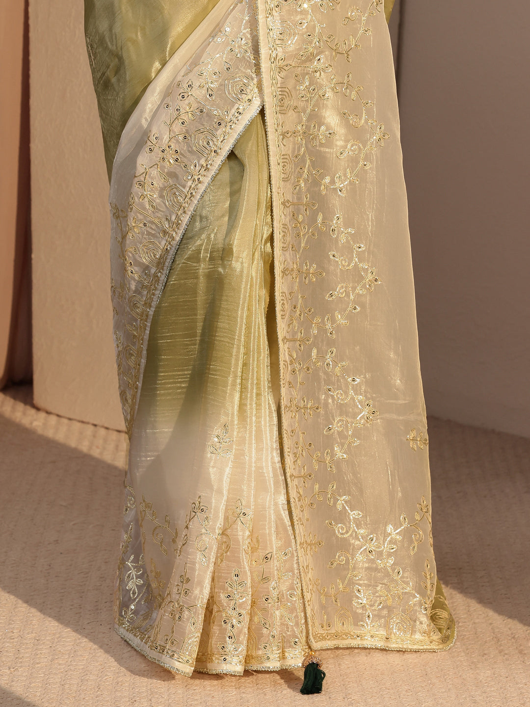 Libas Light Olive Green Floral Embellished Ombre Satin Saree