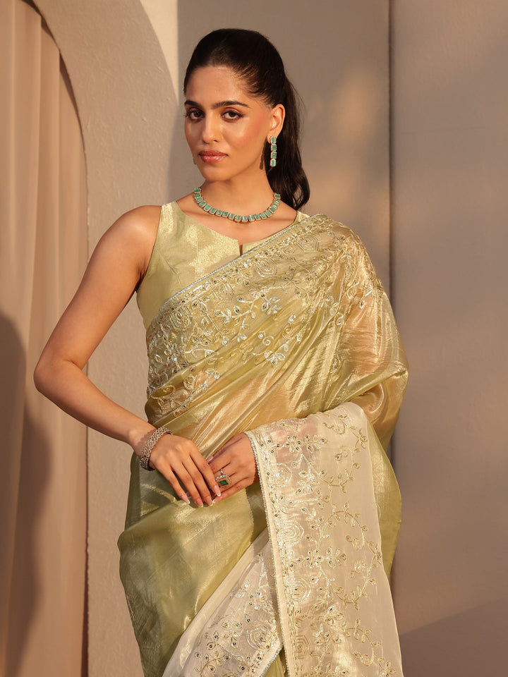 Libas Light Olive Green Floral Embellished Ombre Satin Saree