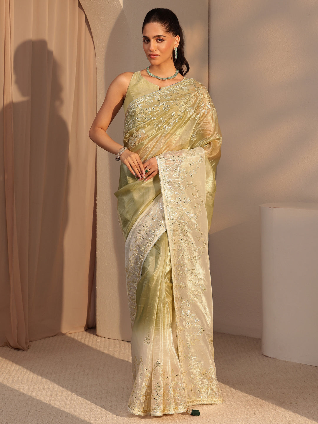 Libas Light Olive Green Floral Embellished Ombre Satin Saree
