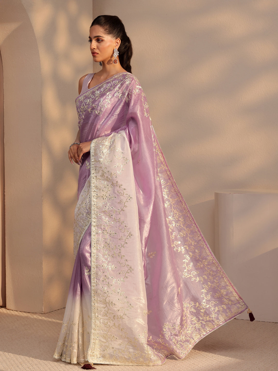 Libas Purple Floral Embellished Ombre Satin Saree