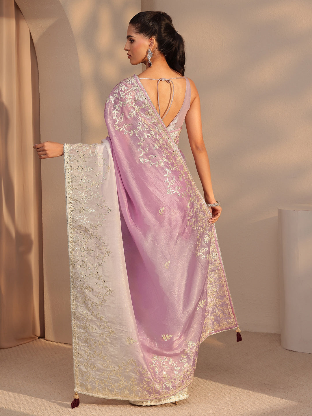 Libas Purple Floral Embellished Ombre Satin Saree