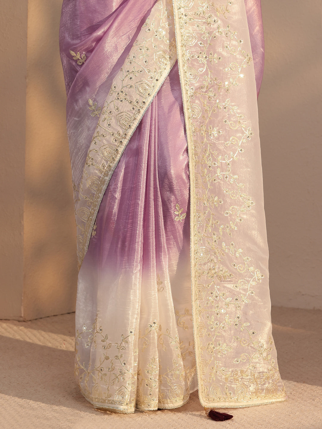 Libas Purple Floral Embellished Ombre Satin Saree
