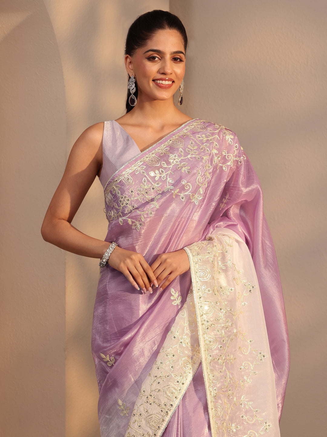 Libas Purple Floral Embellished Ombre Satin Saree