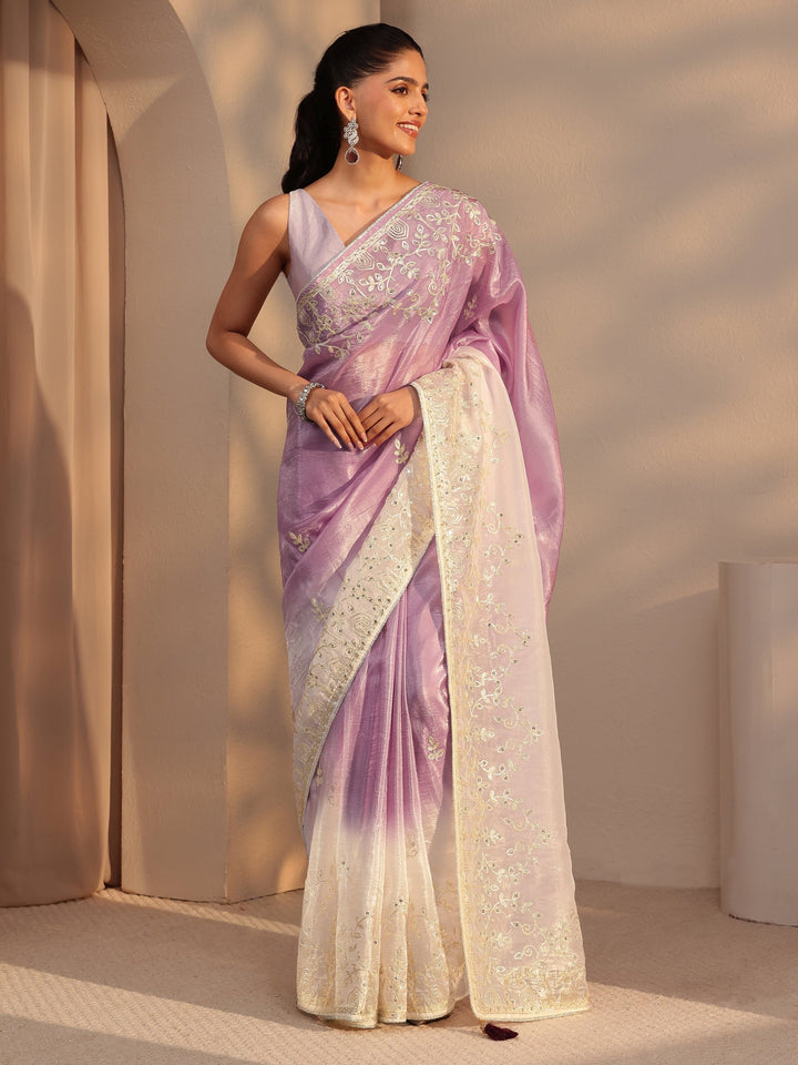 Libas Purple Floral Embellished Ombre Satin Saree