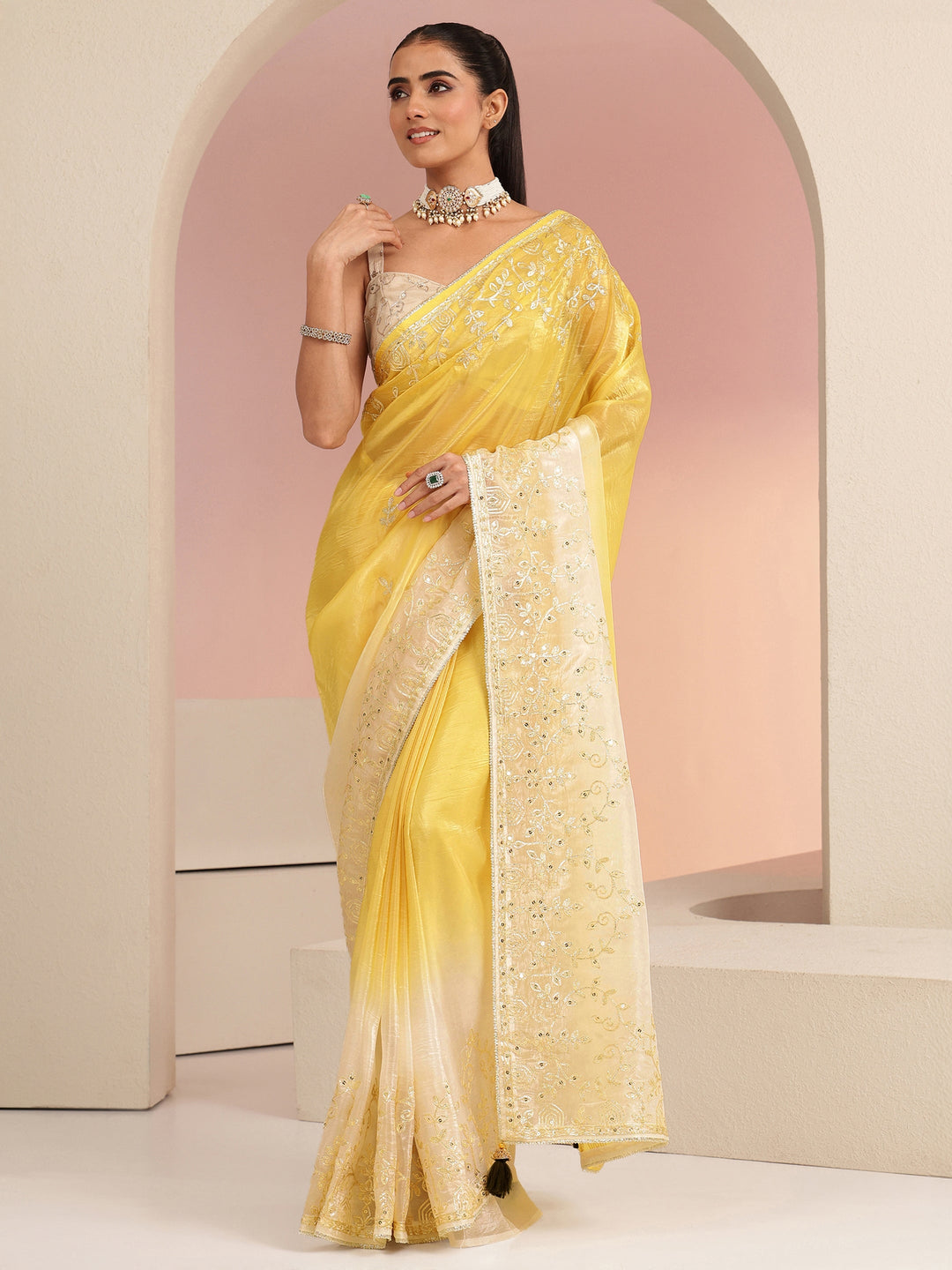 Libas Mustard Floral Embellished Ombre Satin Saree