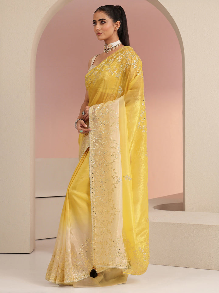 Libas Mustard Floral Embellished Ombre Satin Saree