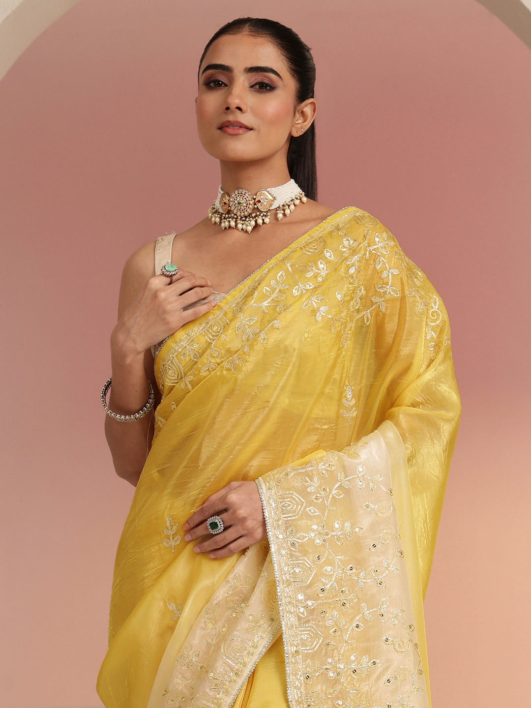 Libas Mustard Floral Embellished Ombre Satin Saree