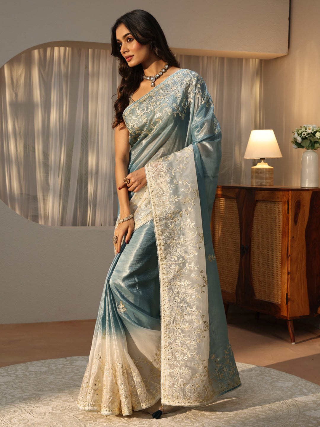 Dusty Blue Floral Embellished Ombre Satin Saree