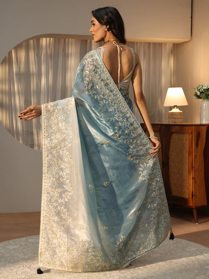 Dusty Blue Floral Embellished Ombre Satin Saree