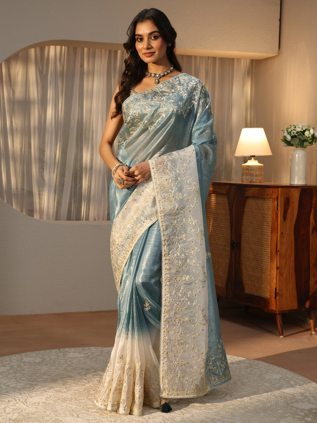 Dusty Blue Floral Embellished Ombre Satin Saree