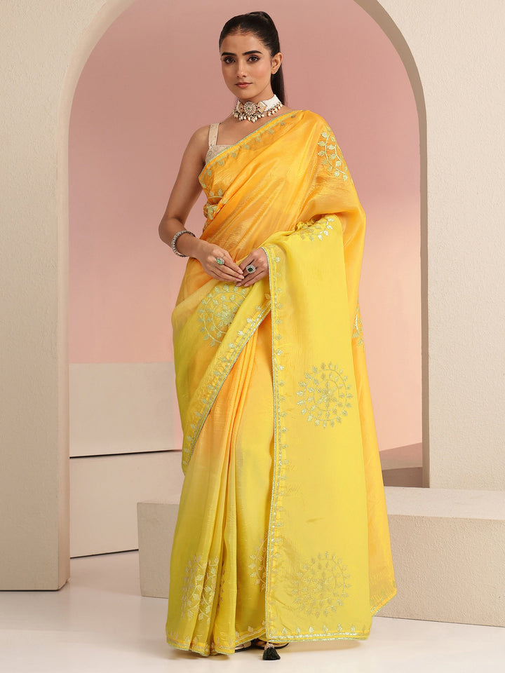 Libas Mustard Ethnic Embroidered Ombre Satin Saree
