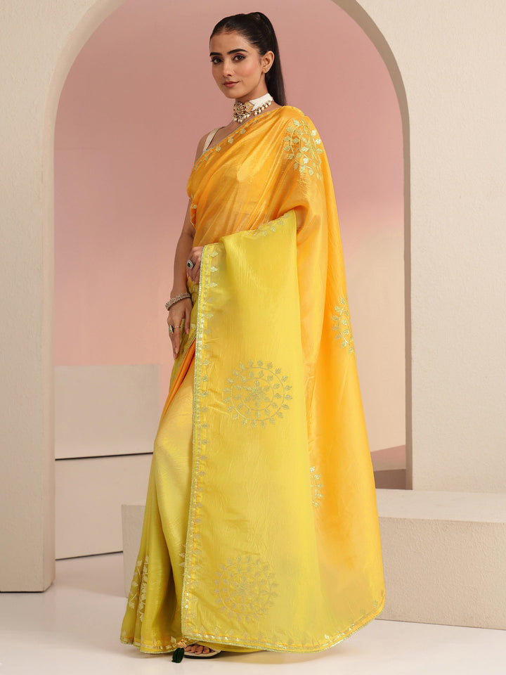 Libas Mustard Ethnic Embroidered Ombre Satin Saree
