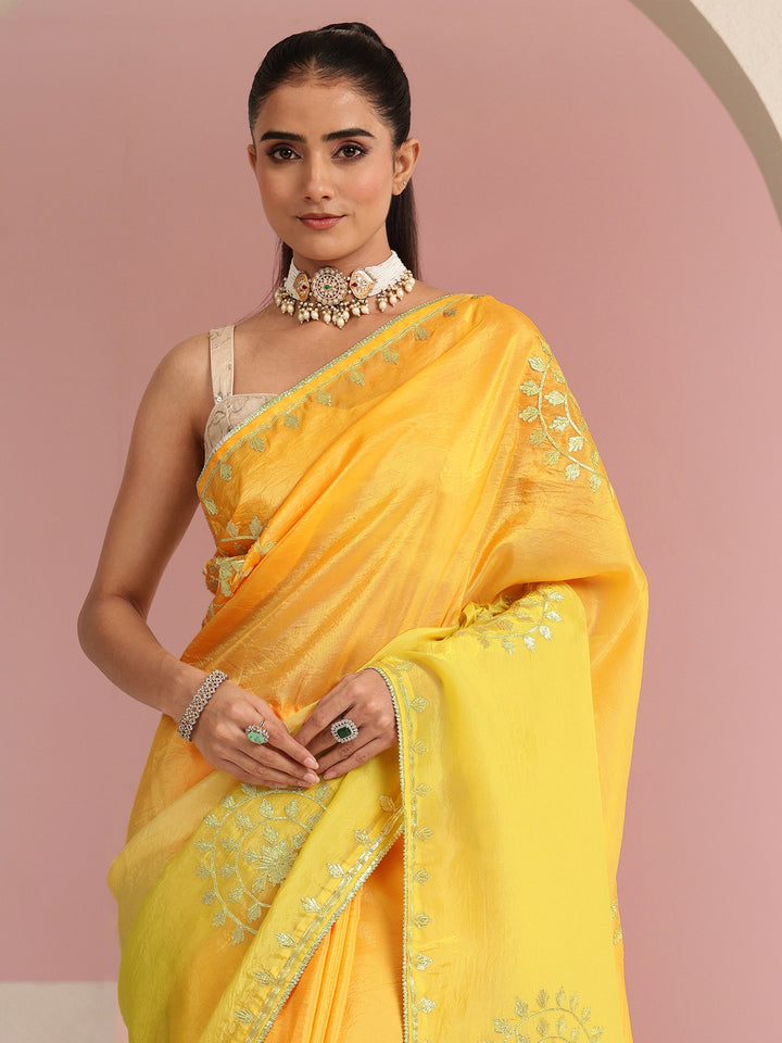 Libas Mustard Ethnic Embroidered Ombre Satin Saree