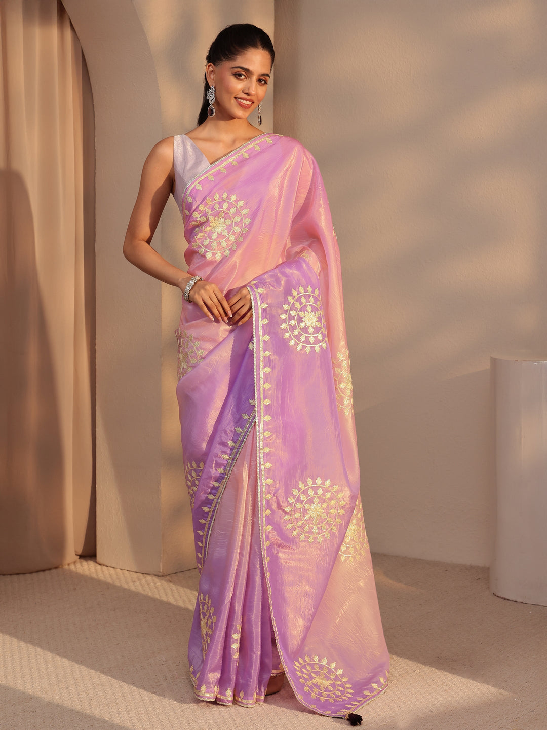 Libas Lavender Ethnic Embroidered Ombre Satin Saree