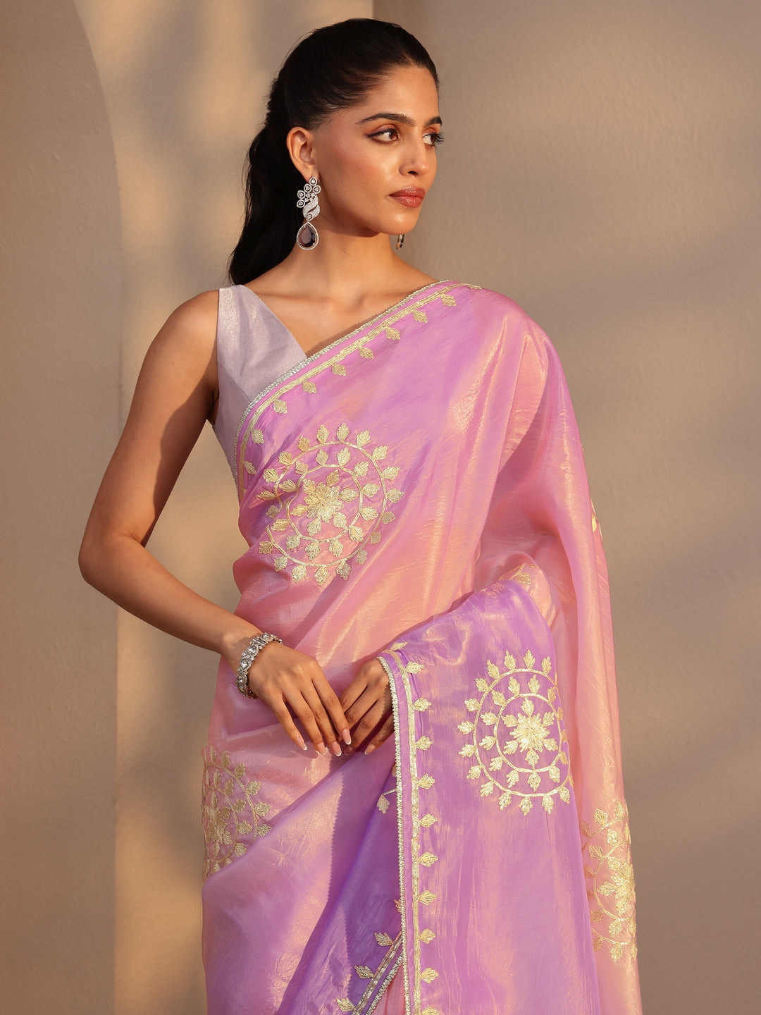 Libas Lavender Ethnic Embroidered Ombre Satin Saree