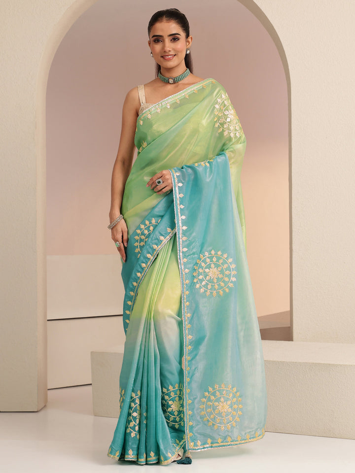 Libas Aqua Blue Ethnic Embroidered Ombre Satin Saree