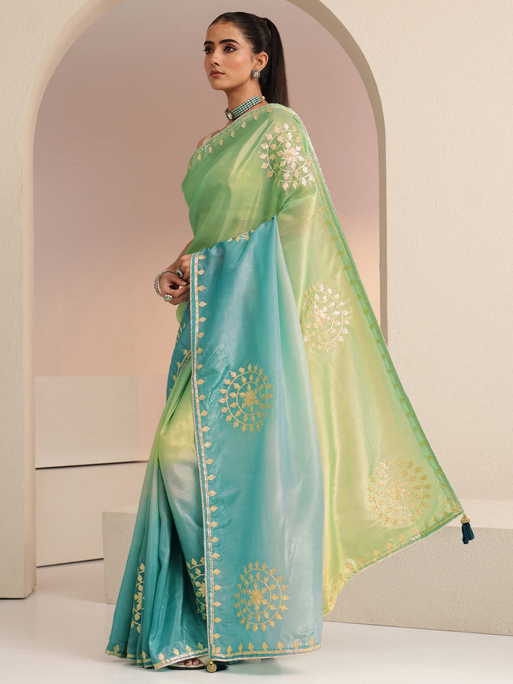 Libas Aqua Blue Ethnic Embroidered Ombre Satin Saree