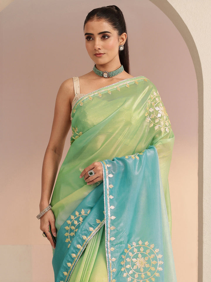 Libas Aqua Blue Ethnic Embroidered Ombre Satin Saree