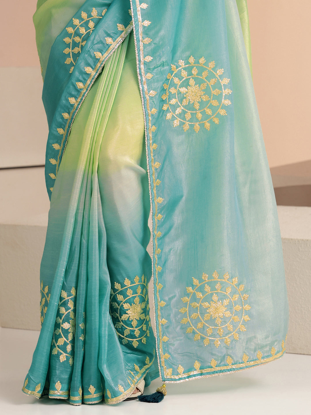 Libas Aqua Blue Ethnic Embroidered Ombre Satin Saree