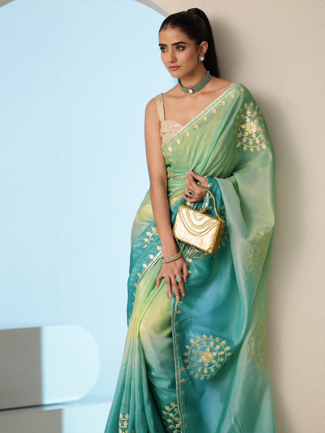 Libas Aqua Blue Ethnic Embroidered Ombre Satin Saree