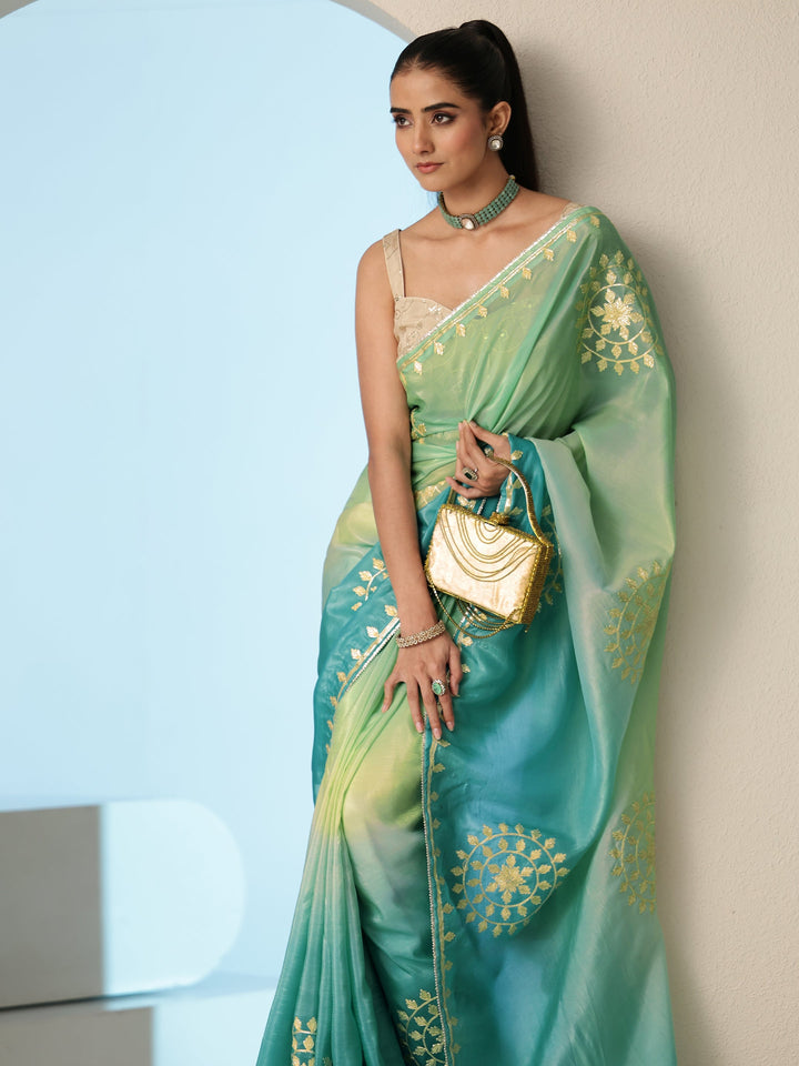 Libas Aqua Blue Ethnic Embroidered Ombre Satin Saree