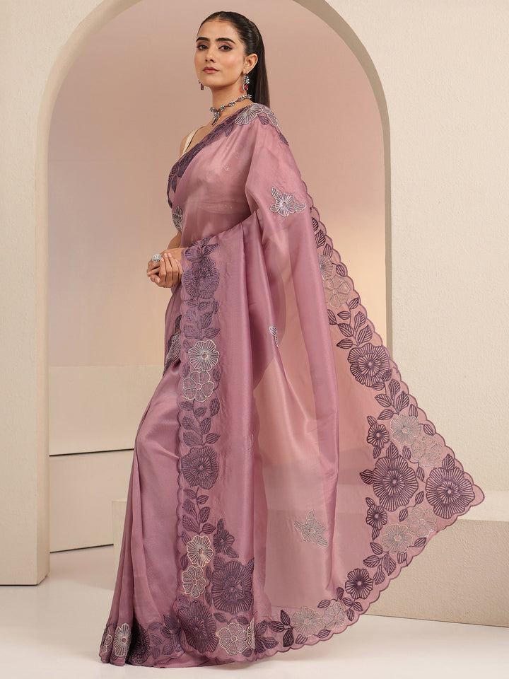 Libas Mauve Floral Embroidered Net Saree