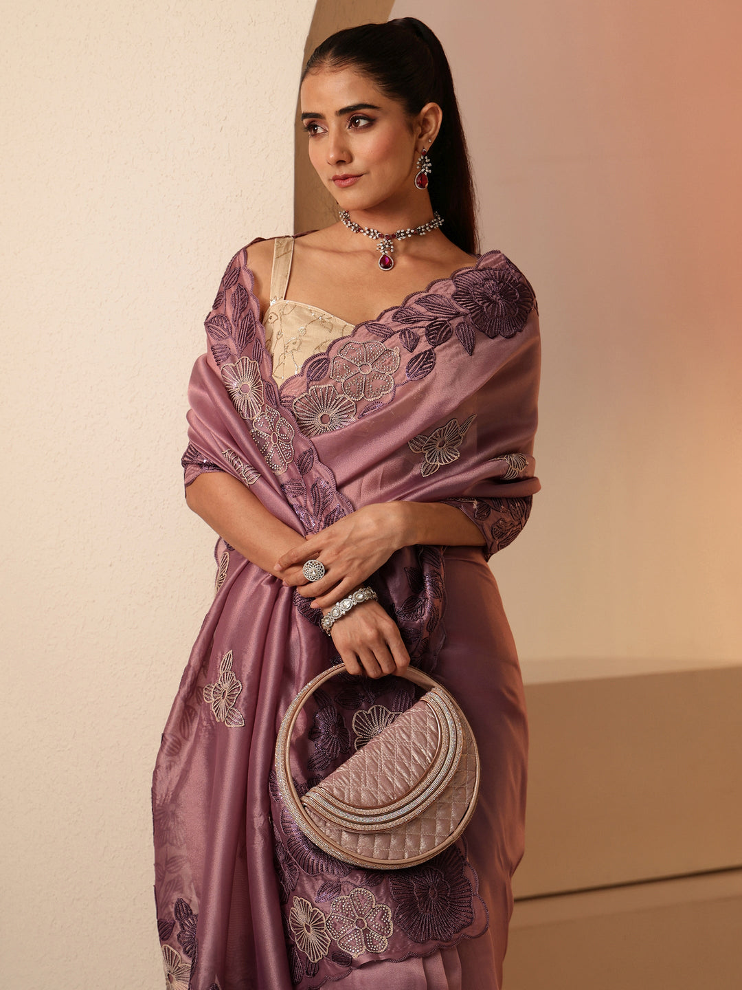 Libas Mauve Floral Embroidered Net Saree