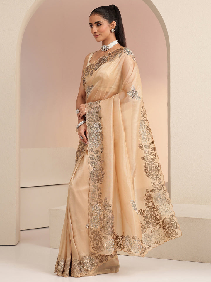 Libas Beige Floral Embroidered Net Saree