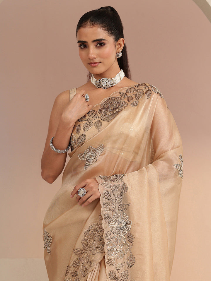 Libas Beige Floral Embroidered Net Saree