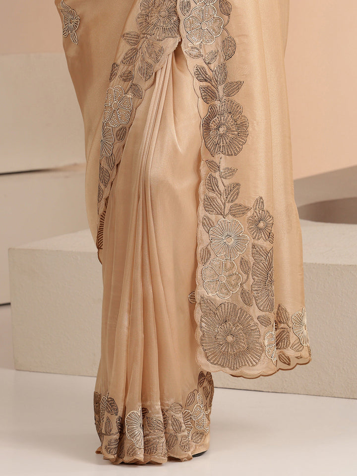 Libas Beige Floral Embroidered Net Saree