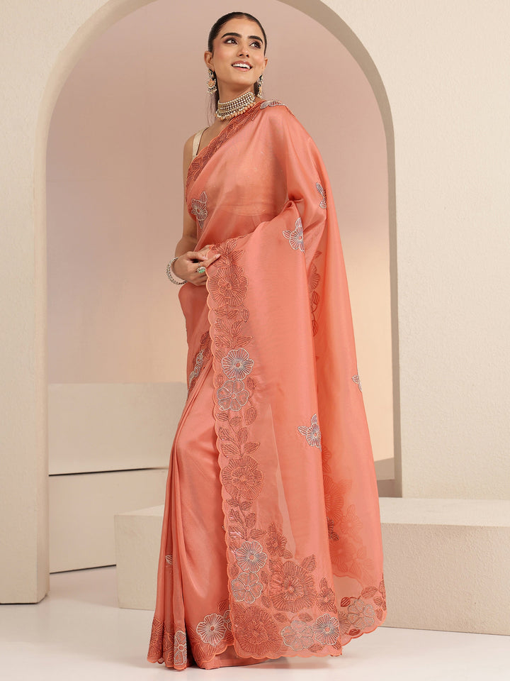 Libas Peach Floral Embroidered Net Saree