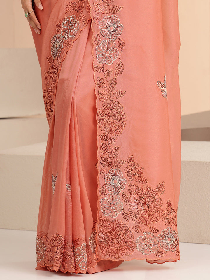 Libas Peach Floral Embroidered Net Saree