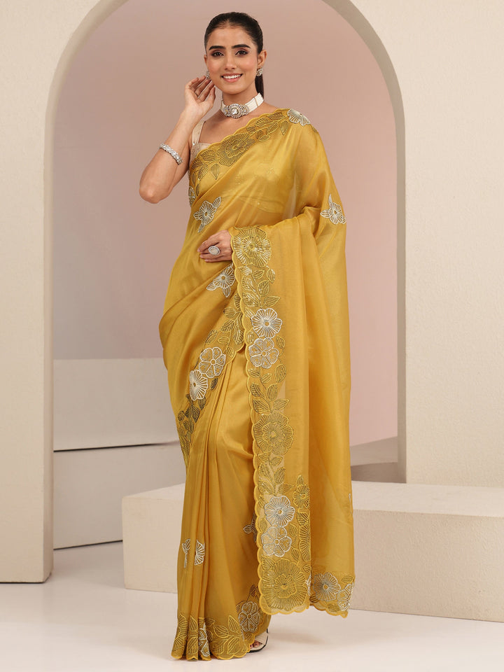 Libas Mustard Floral Embroidered Net Saree
