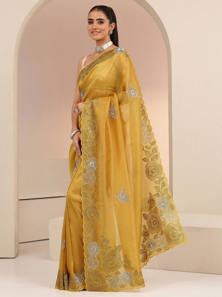 Libas Mustard Floral Embroidered Net Saree