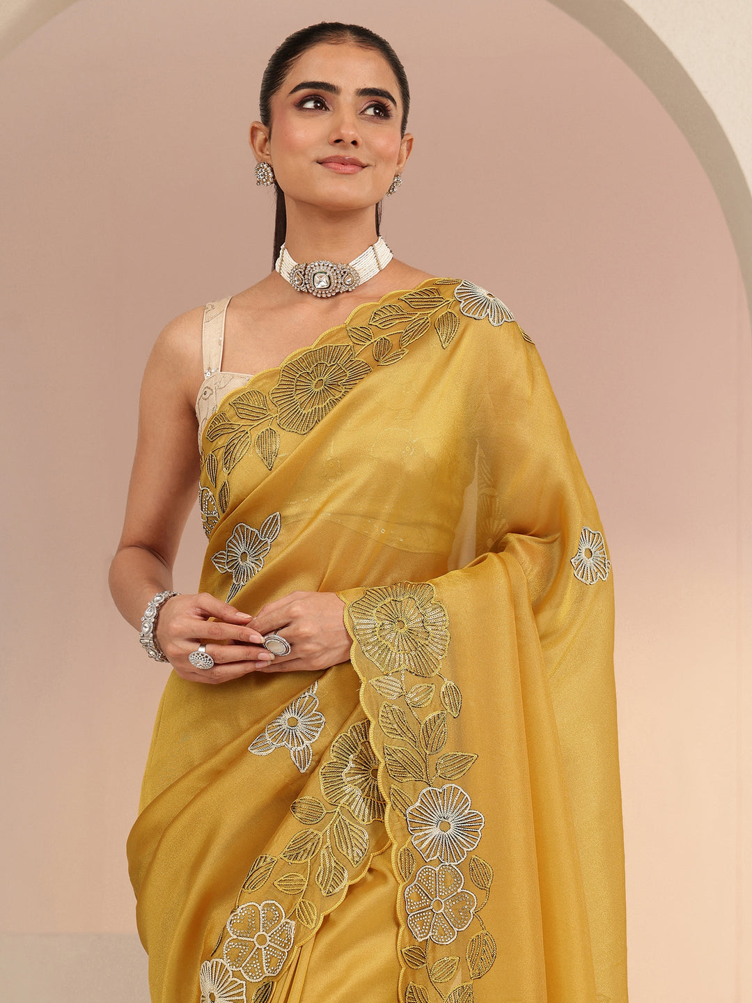 Libas Mustard Floral Embroidered Net Saree