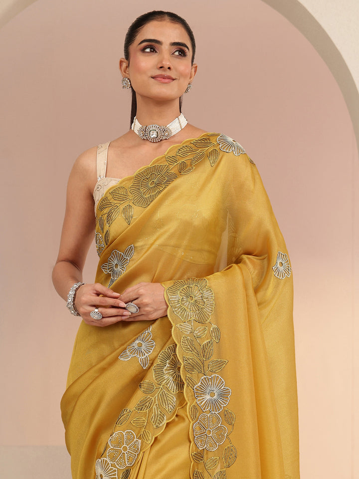 Libas Mustard Floral Embroidered Net Saree