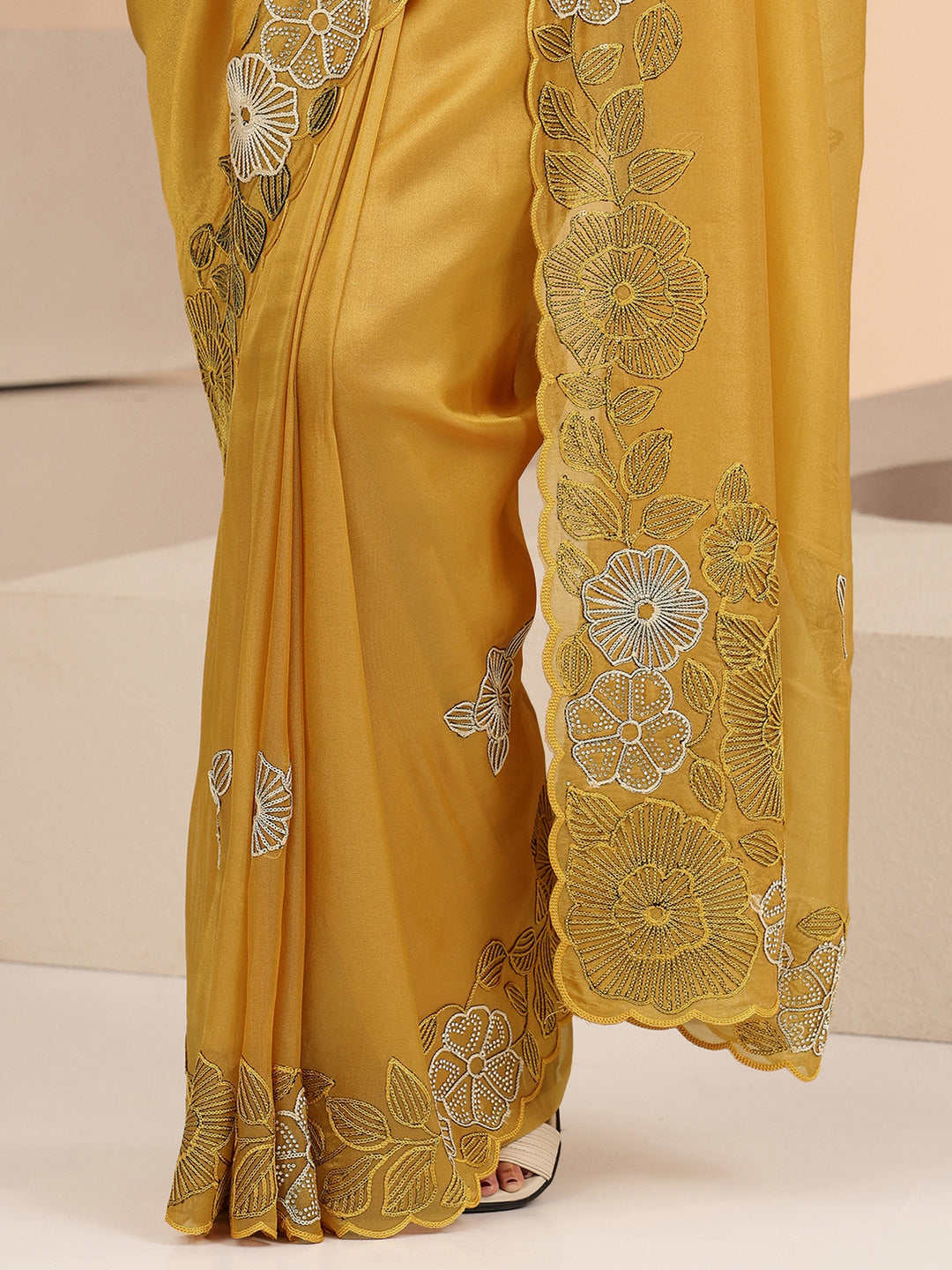 Libas Mustard Floral Embroidered Net Saree