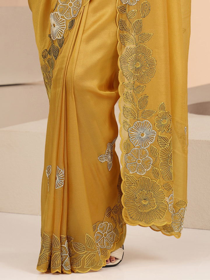 Libas Mustard Floral Embroidered Net Saree