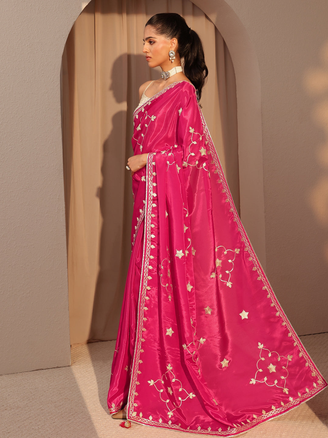 Libas Fuchsia Pink Embellished Satin Saree