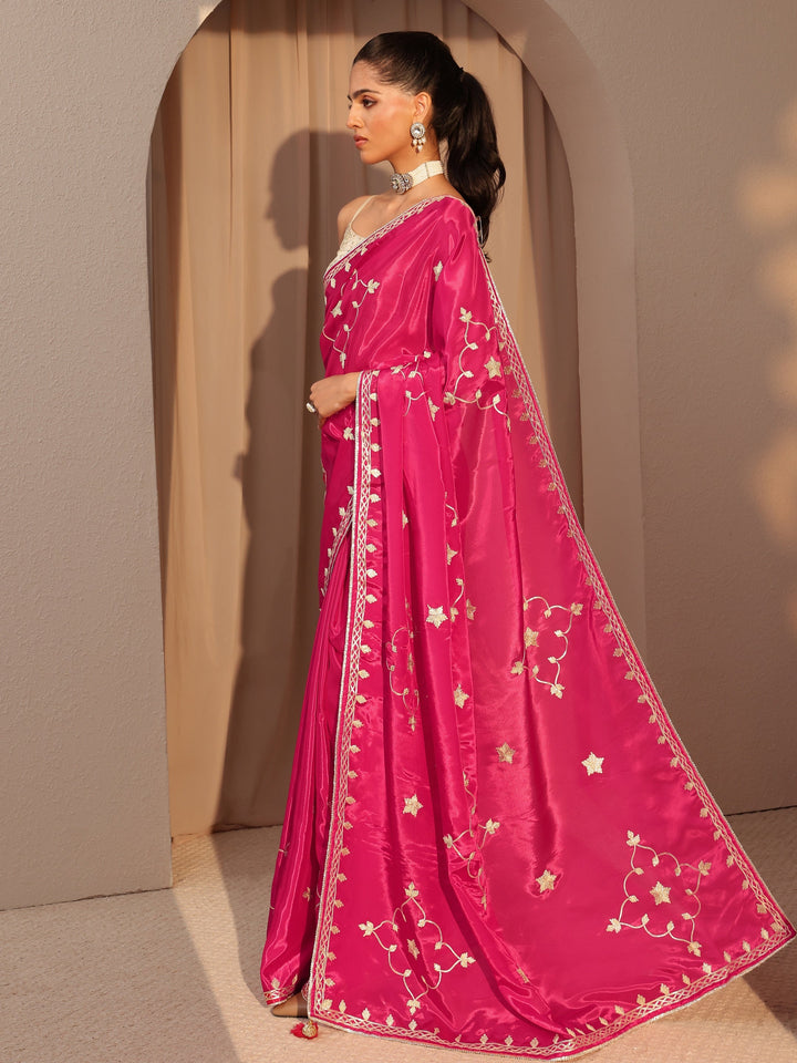 Libas Fuchsia Pink Embellished Satin Saree