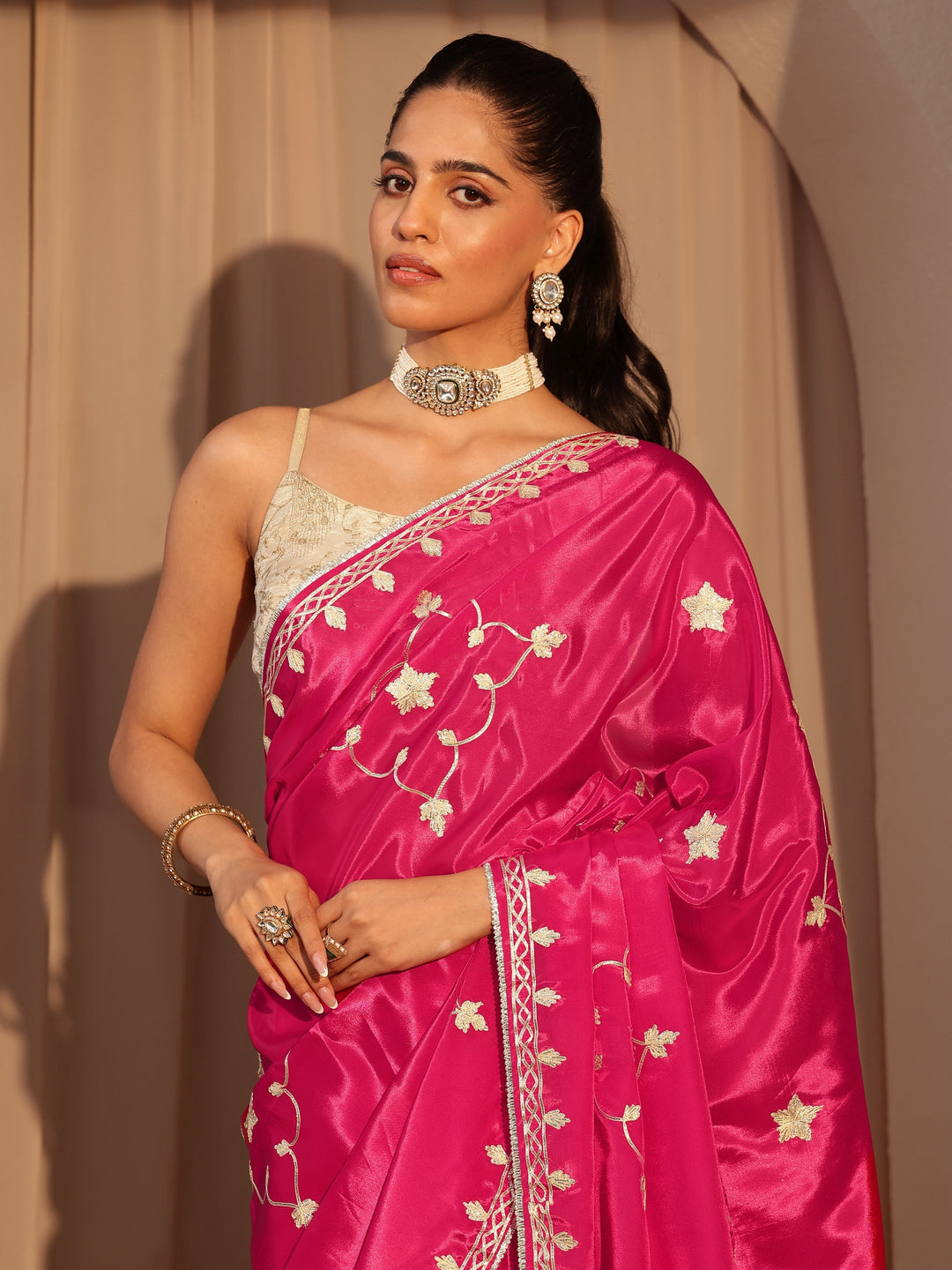 Libas Fuchsia Pink Embellished Satin Saree