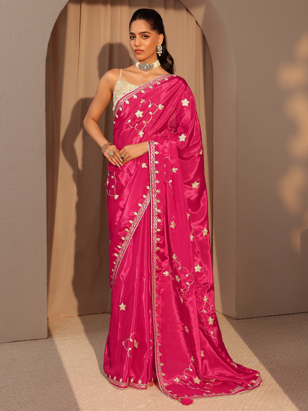 Libas Fuchsia Pink Embellished Satin Saree