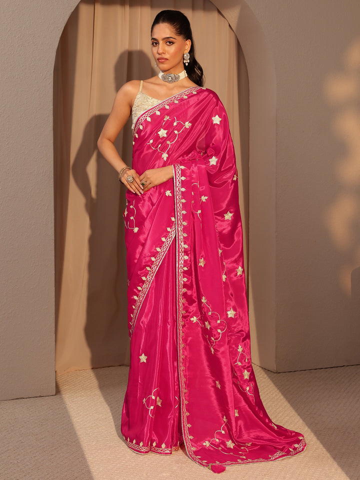 Libas Fuchsia Pink Embellished Satin Saree