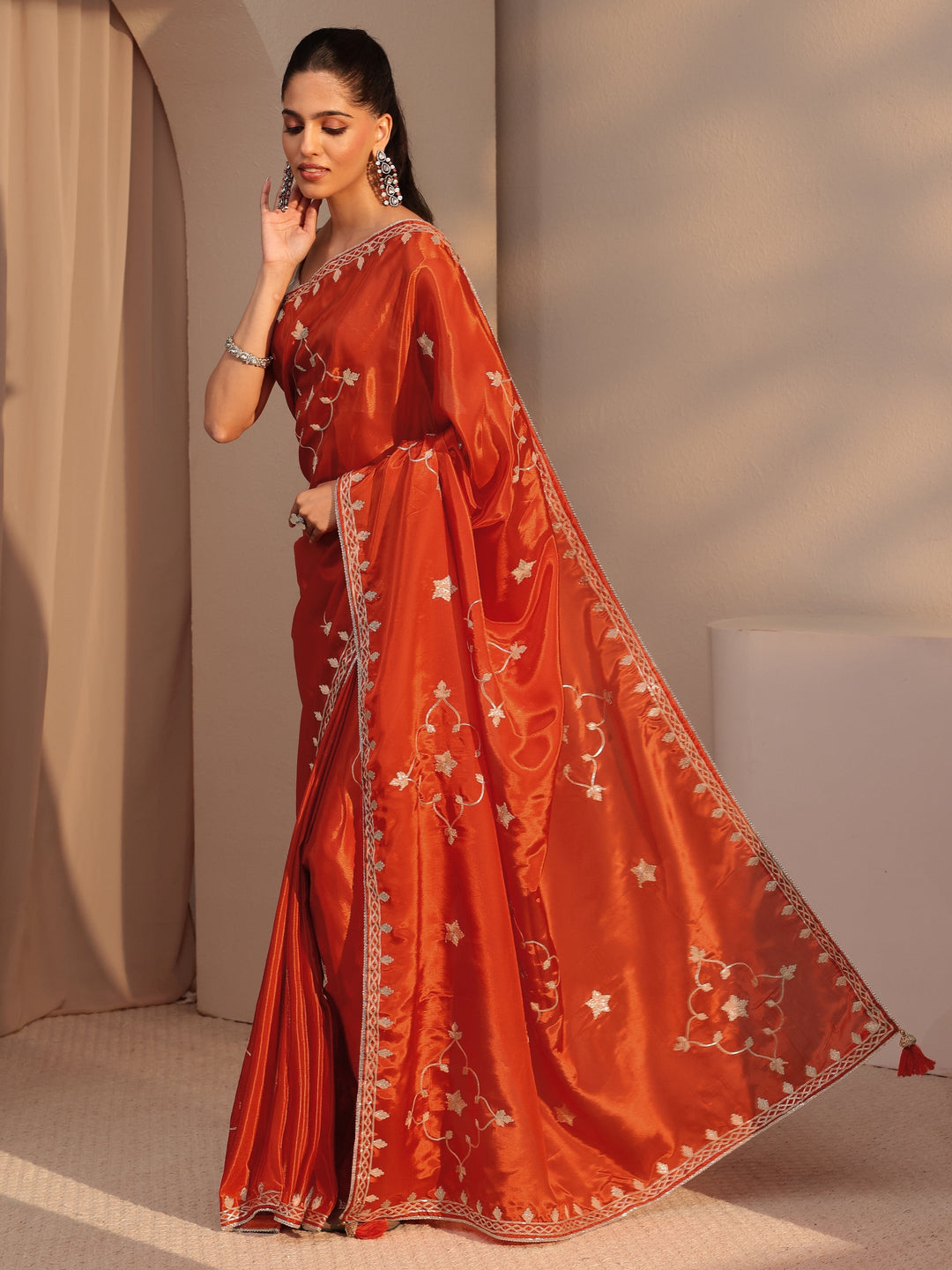 Libas Orange Embellished Satin Saree