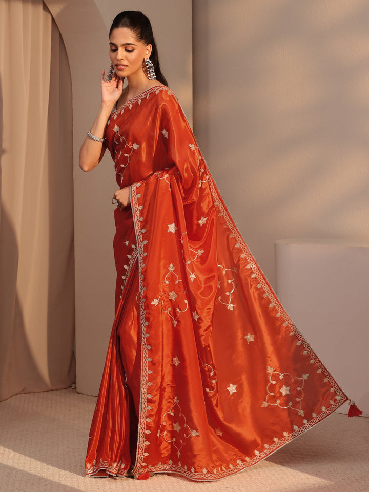 Libas Orange Embellished Satin Saree