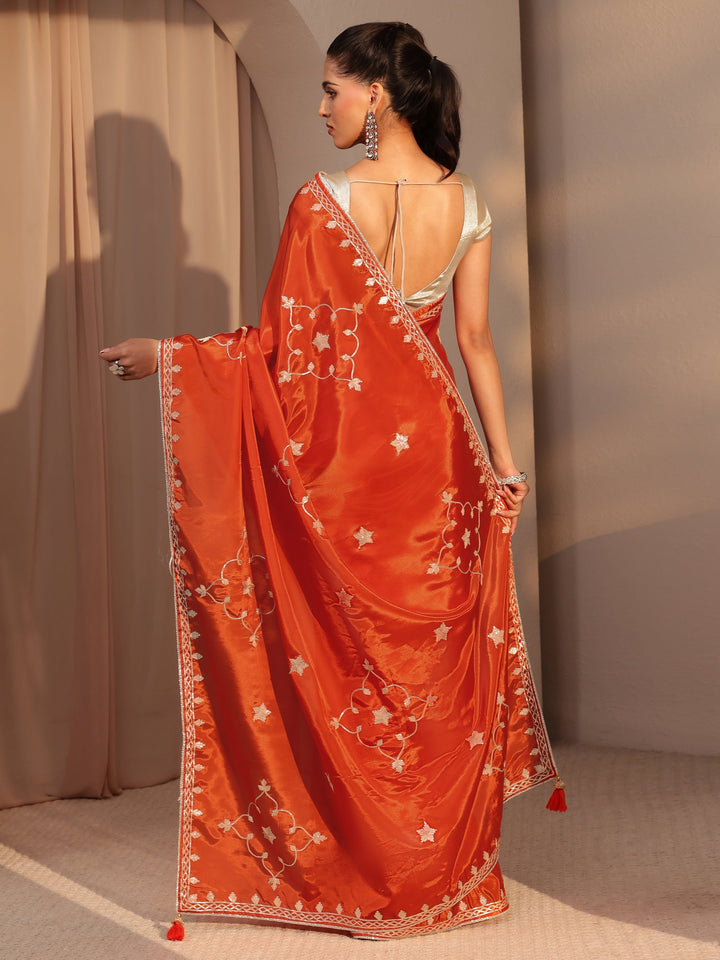 Libas Orange Embellished Satin Saree